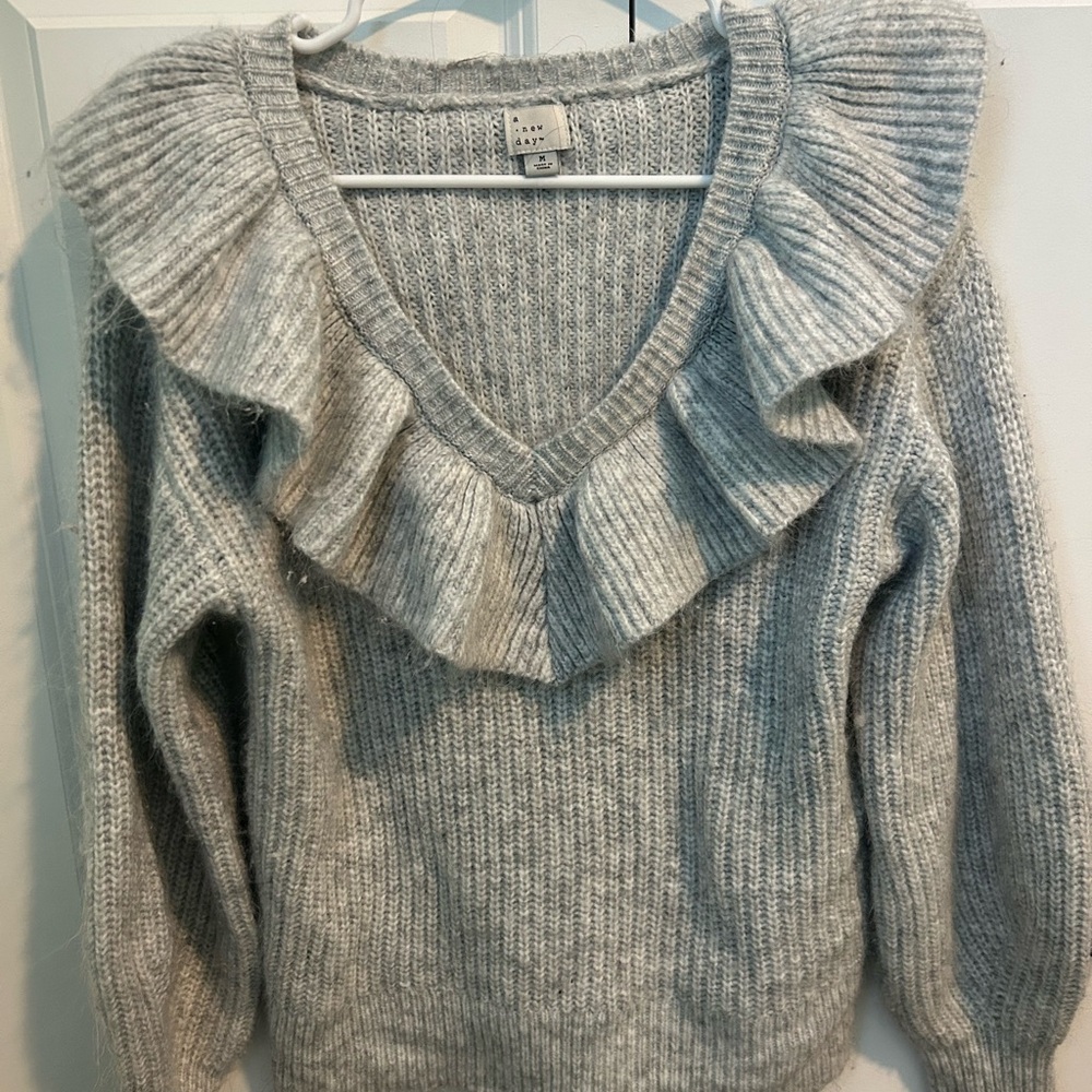 Gray Ruffled V-Neck Sweater